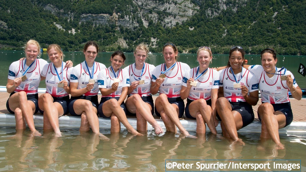 (From left) Polly Swann, Caragh McMurtry, Rosamund Bradbury, Zoe de Toledo, Zoe Lee, Louisa Reeve, Katie Greves, Donna Etiebet and Jess Eddie won women's eight bronze at the Aiguebelette World Cup in 2014