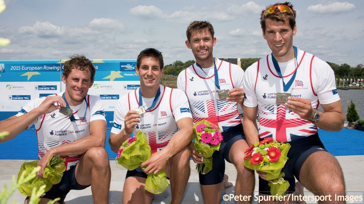 Peter Lambert, Sam Townsend, Jack Beaumont and Graeme Thomas won men's quadruple scull bronze at the 2015 European Championships in Poznan