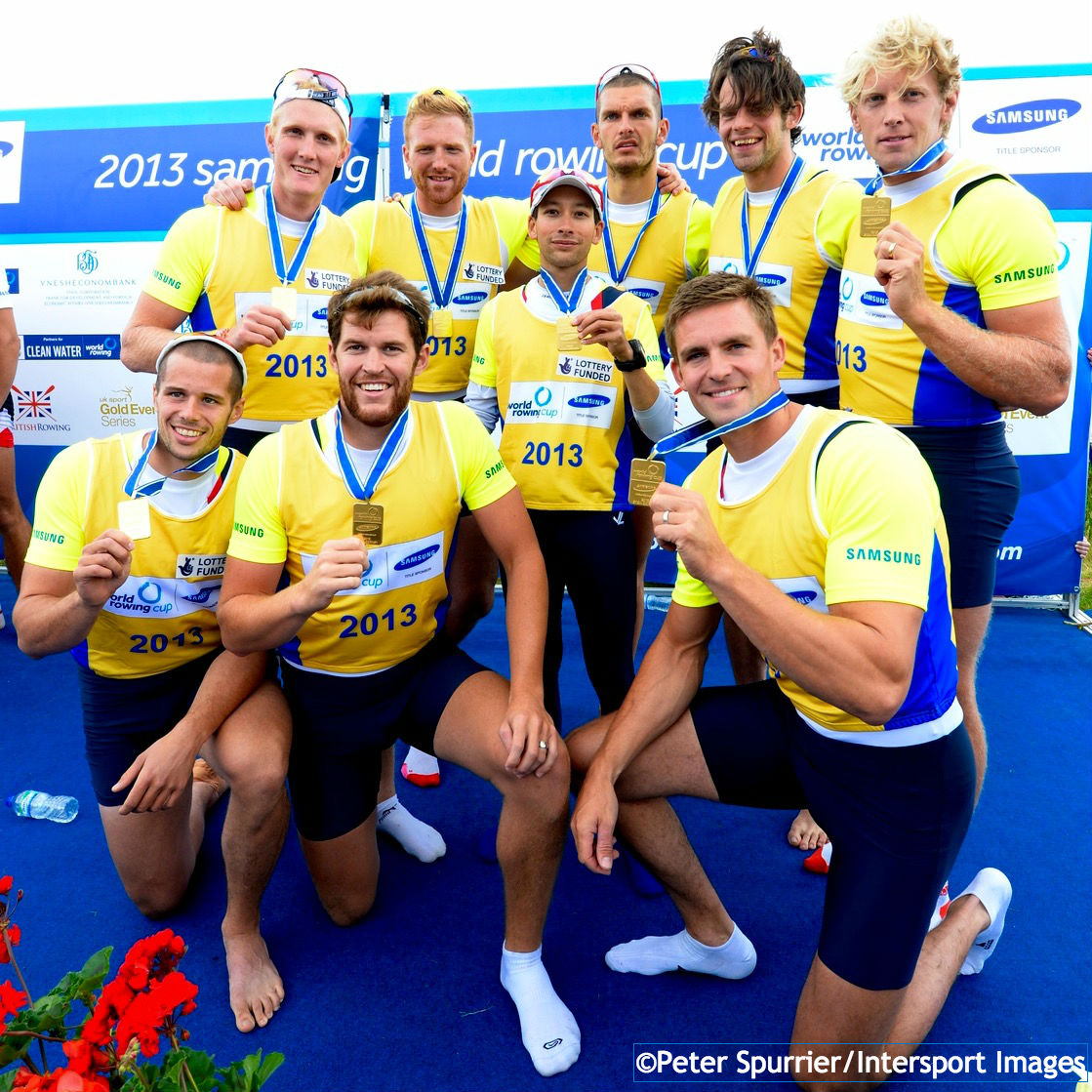 (Clockwise from back left) Oliver Cook, Will Satch, Phelan Hill, Moe Sbihi, Tom Ransley, Andrew Triggs-Hodge, Pete Reed, Daniel Ritchie and James Foad won men's eight gold at the Eton Dorney World Cup in 2013