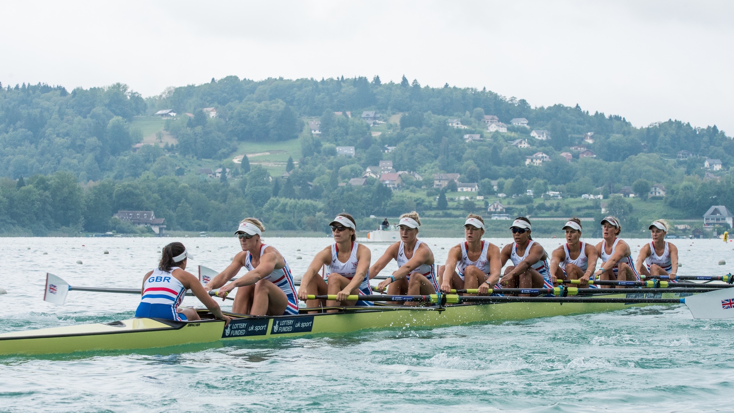 Katie Greves, Louisa Reeve, Jess Eddie, Donna Etiebet, Vicki Meyer-Laker, Olivia Carnegie-Brown, Rosamund Bradbury, Zoe Lee and cox Zoe de Toledo in the women's eight at the 2015 World Championships in Aiguebelette