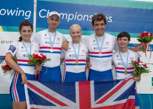 James on the podium at the 2015 Worlds, celebrating gold (second right). Copyright, Peter Spurrier, Intersport Images