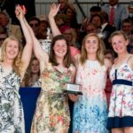 Mathilda Hodgkins-Bryne, Melissa Wilson, Holly Nixon and Jess Leyden lift the Princess Grace Challenge Cup © Henley Royal Regatta