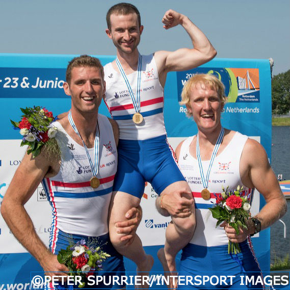 Callum McBrierty, Oliver Cook and cox Henry Fieldman won men's coxed pair gold at the 2016 World Championships in Rotterdam