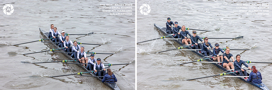 2 Oxford women's eights during trials race in Dec 2023