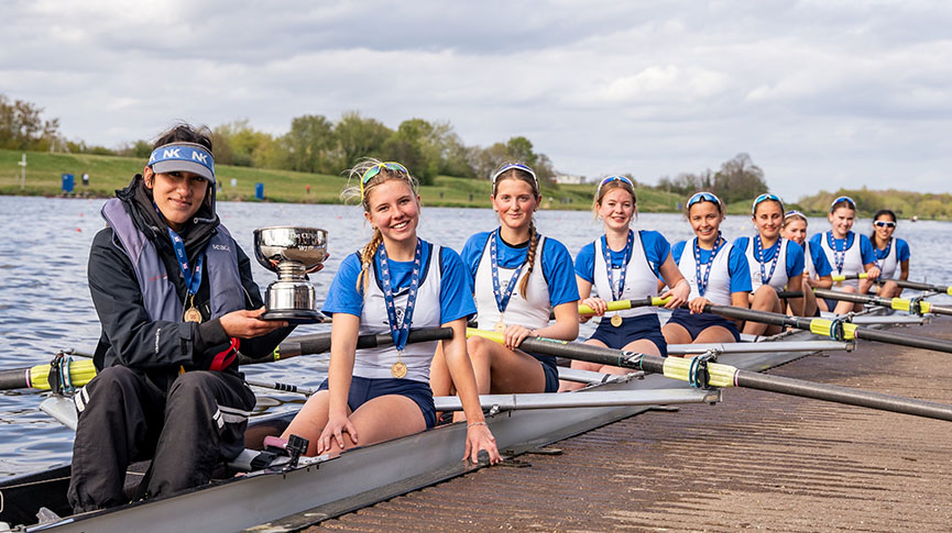 Thames Upriver winning the women's J16 eights trophy. Credit: AllMarkOne