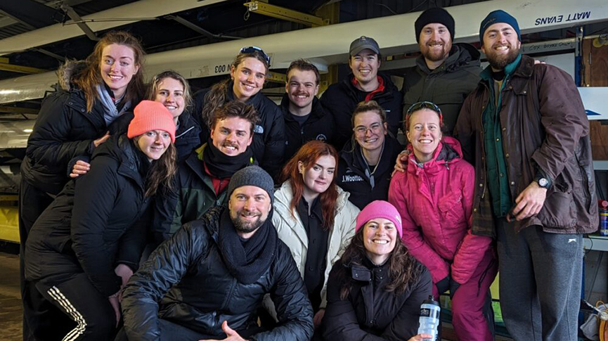Rowers in boathouse