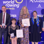 6people with awards in front of World Rowing Awards backdrop