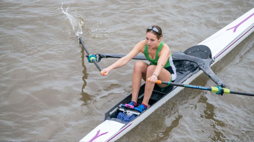 An overhead shot of Ella McDougall in a single scull